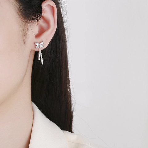 Pendientes de Botón con Lazo y Borla de Plata de Ley 925 para Mujer Pendientes de Lazo con Diamantes de Imitación Joyería