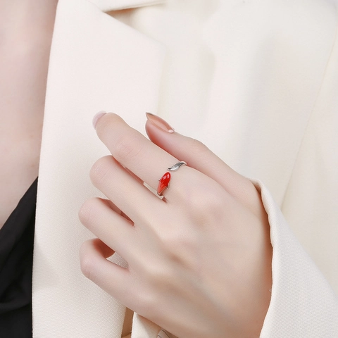 Anello Regolabile Aperto in Argento Sterling 925 Pesce Koi Fortunato Smalto Rosso Arancione Design Animale Gioielli Regalo Donna