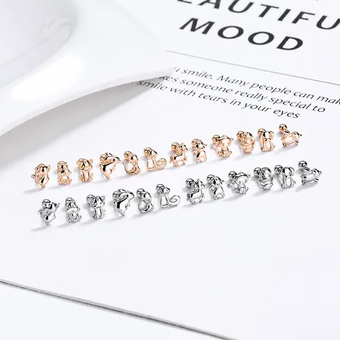 S925 Sterling Silver Chinese Zodiac Animal Stud Earrings For Women Girls Screw Back Platinum Rose Gold Plated Jewelry