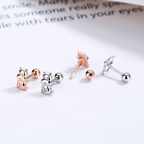 S925 Sterling Silver Chinese Zodiac Animal Stud Earrings For Women Girls Screw Back Platinum Rose Gold Plated Jewelry
