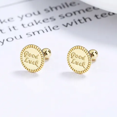 925 Sterling Silver Good Luck Round Coin Stud Earrings Minimalist Personalized Screw Back Earrings For Women Jewelry Gift