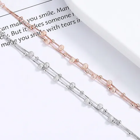 925 Sterlingsilber Doppellagig Glücksperlen Armband Für Damen Mattierte Polierte Perlen Box-Kette Verstellbar Herz Schmuck