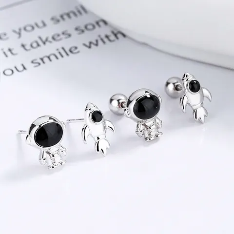 925 Sterling Silver Astronaut Rocket Asymmetric Stud Earrings For Women Space Theme Niche Design Ear Bone Stud Threaded Screw Back Jewelry Gift