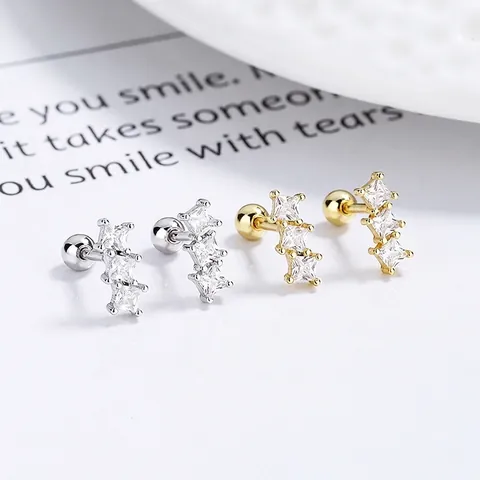 925 Sterling Silver Triple Square Rhinestone Screw Back Stud Earrings For Women Minimalist Geometric Piercing Earrings Jewelry Gift