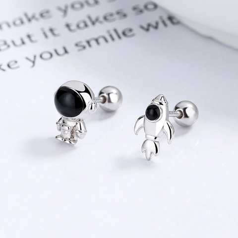 925 Sterling Silver Astronaut Rocket Asymmetric Stud Earrings For Women Space Theme Niche Design Ear Bone Stud Threaded Screw Back Jewelry Gift