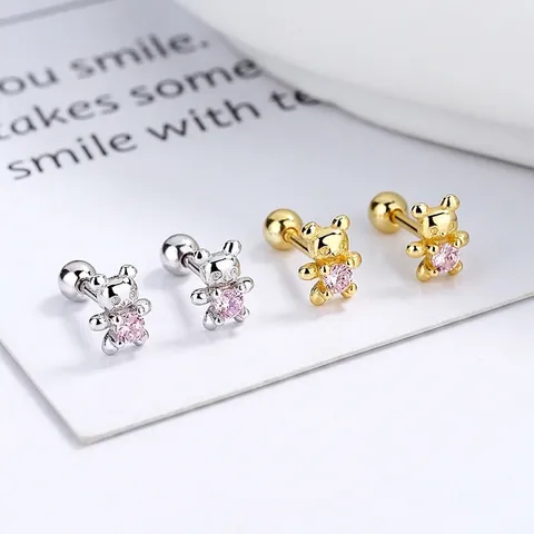 925 Sterling Silver Cute Bear Stud Earrings For Women Pink Rhinestone Screw Back Animal Design Minimalist Jewelry Earrings