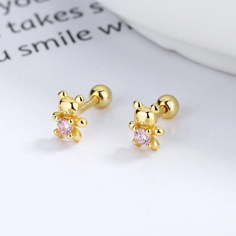 925 Sterling Silver Cute Bear Stud Earrings For Women Pink Rhinestone Screw Back Animal Design Minimalist Jewelry Earrings