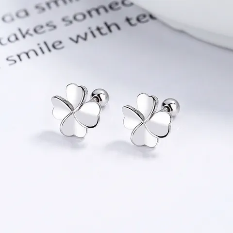 925 Sterling Silver Four-Leaf Clover Screw Back Stud Earrings For Women Minimalist Heart Shape Geometric Ear Bone Jewelry Gift