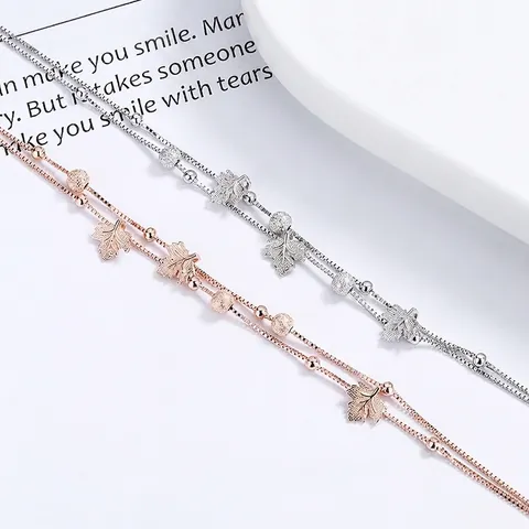 Bracciale a Doppio Strato in Argento Sterling 925 Con Foglia di Acero per Donna Placcato Platino Oro Rosa Perle Opache Gioielli