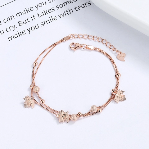 Bracciale a Doppio Strato in Argento Sterling 925 Con Foglia di Acero per Donna Placcato Platino Oro Rosa Perle Opache Gioielli