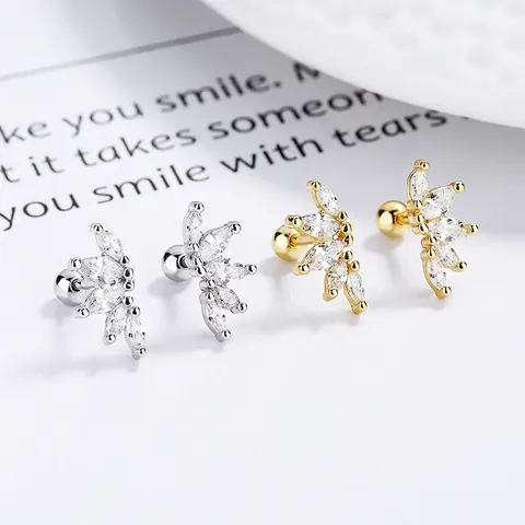 Orecchini a Bottone in Argento Sterling 925 con Strass Taglio Marquise da Donna Chiusura a Vite Geometrici Gioielli