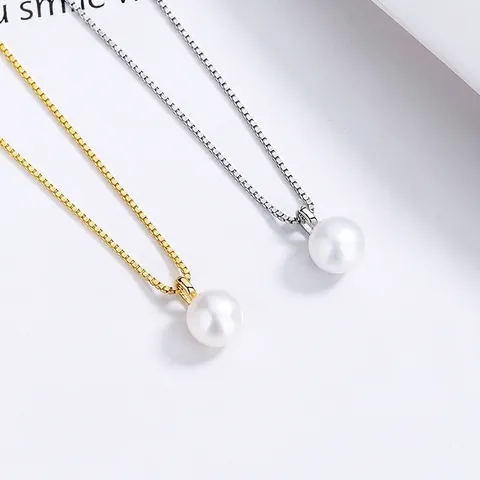 925 Sterling Silver Artificial Pearl Pendant Necklace For Women Elegant Simple Rhinestone Box Chain Fashion Jewelry Gift