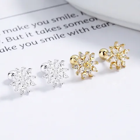 Elegant 925 Sterling Silver Snowflake Stud Earrings For Women Shiny Rhinestone Screw Back Ear Bone Studs Fashion Jewelry Gift