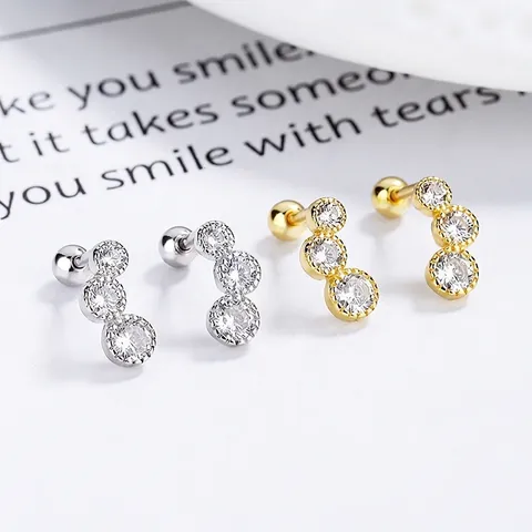 925 Sterling Silver Round Row Rhinestone Screw Back Stud Earrings For Women White Yellow Gold Electroplated Piercing Jewelry