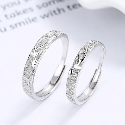 S925 Sterling Silver Antler Couple Rings Frosted Adjustable Open Finger Rings Valentin Day Gift For Men Women Jewelry