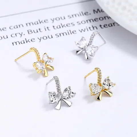 925 Sterling Silver Bowknot Stud Earrings For Women Niche Design Rhinestone Heart Shape Electroplated Fashion Jewelry Earrings