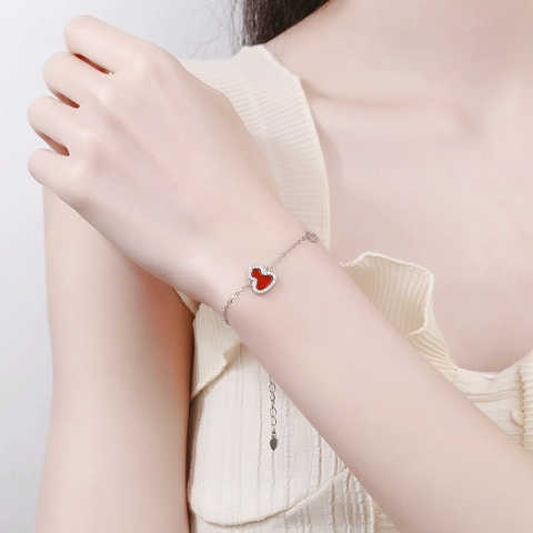 925 Sterlingsilber Wulu Armband Für Damen Perlmutt Roter Achat Einfaches Herz Anhänger Strass Elegante Schmuck Geschenk