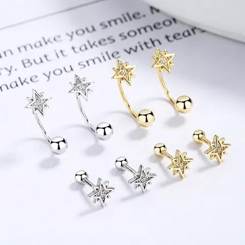 Minimalist 925 Sterling Silver Octagram Star Stud Earrings For Women Shiny Rhinestone Inlaid Screw Back Ear Jewelry