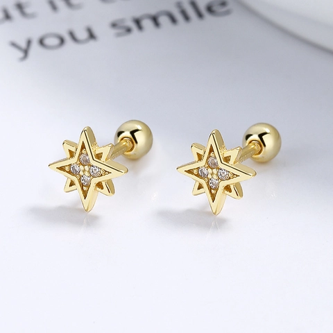Minimalist 925 Sterling Silver Octagram Star Stud Earrings For Women Shiny Rhinestone Inlaid Screw Back Ear Jewelry