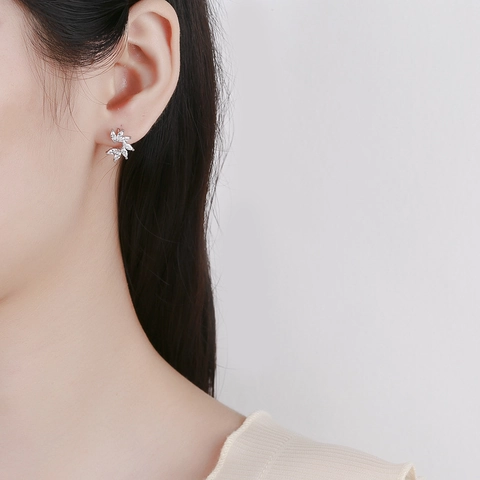 Pendientes de Botón de Hoja de Plata de Ley 925 con Diamantes de Imitación Marquise Diseño de Follaje Joyas Elegantes Mujer Oro Plata