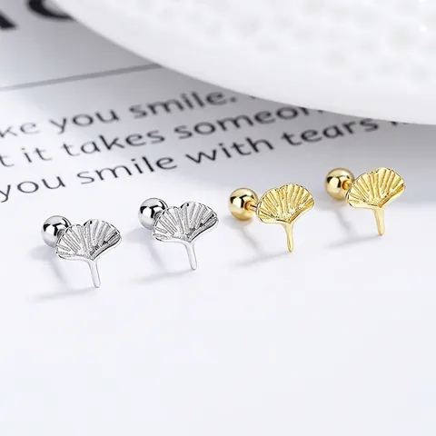 925 Sterling Silver Ginkgo Leaf Threaded Stud Earrings For Women Minimalist Plant Style Gold Silver Ear Bone Jewelry