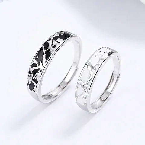 925 Sterling Silver Bird And Branch Pattern Open Adjustable Ring For Couples Minimalist Black White Enamel Jewelry Valentine Gift