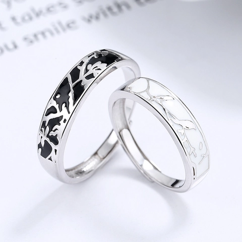 925 Sterling Silver Bird And Branch Pattern Open Adjustable Ring For Couples Minimalist Black White Enamel Jewelry Valentine Gift