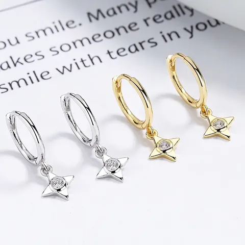 925 Sterling Silver Four-pointed Star Hoop Earrings With Rhinestone Gold Silver Star Pendant Earrings Minimalist Jewelry For Women