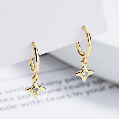 925 Sterling Silver Four-pointed Star Hoop Earrings With Rhinestone Gold Silver Star Pendant Earrings Minimalist Jewelry For Women