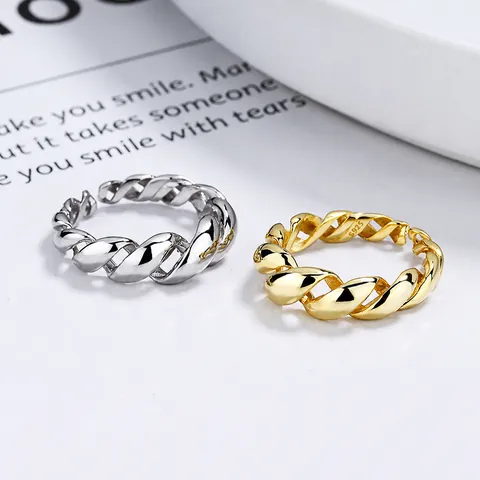 925 Sterling Silver Twisted Rope Open Ring For Women Minimalist French Light Luxury Gold Platinum Adjustable Braid Finger Ring