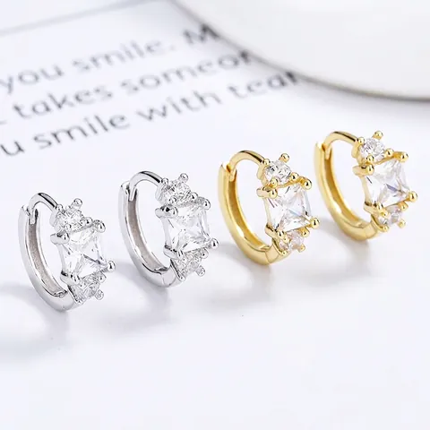 925 Sterling Silver Square Huggie Hoop Earrings For Women Minimalist Geometric Rhinestone Simple Jewelry Elegant Ear Accessories