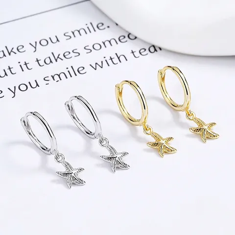 925 Sterling Silver Starfish Hoop Earrings For Women Minimalist Nautical Sea Life Dangle Earrings Beach Jewelry Gift