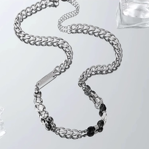 Titanium Steel Cracked Stone Patchwork Necklace For Men Women Forever Engraved Forever Plate Chain Necklace Industrial Marble Beads Accessory