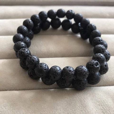 Natural Lava Stone Beaded Bracelet For Men Women Retro Minimalist Handmade Matte Black Rock Volcanic Stone Elastic Bracelet Fashion Jewelry