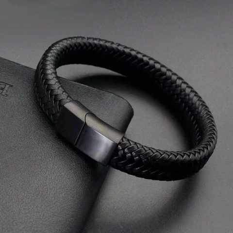 Minimalistisches Herren Geflochtenes Lederarmband Mit Schwarzem Magnetverschluss Vintage Punk Handgefertigtes Armband Geschenk