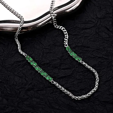 Emerald Green Zirconia Stainless Steel Necklace For Men Women Minimalist Inlaid Geometric Cuban Link Jewelry Accessory