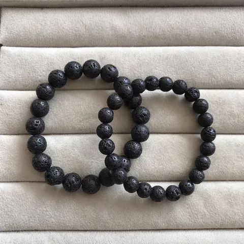 Natural Lava Stone Beaded Bracelet For Men Women Retro Minimalist Handmade Matte Black Rock Volcanic Stone Elastic Bracelet Fashion Jewelry