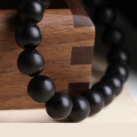 Vintage Men Ebony Wood Beaded Bracelet Minimalist Handmade Matte Black Bead Elastic Strand Men Hand Jewelry Accessory