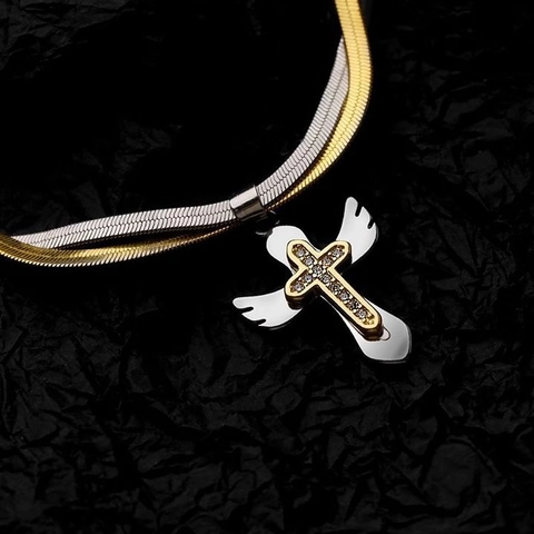 American Style Two-tone Titanium Steel Cross Pendant Necklace For Men Women Hip Hop Winged Rhinestone Jewelry Gift