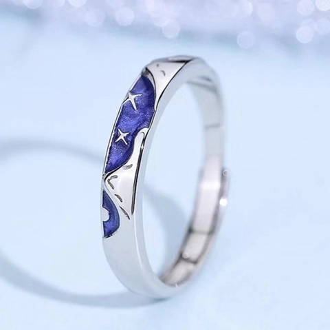 Vintage Galaxy Starry Sky Open Ring For Men Women Adjustable Blue Enamel Mountain Star Pattern Band Fashion Jewelry Accessories Gift