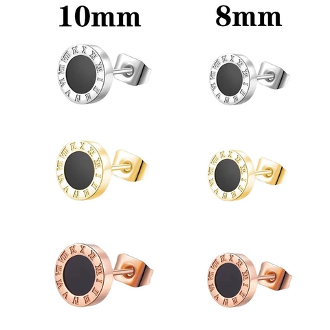 Minimalist Stainless Steel Roman Numeral Stud Earrings For Men Women Round Black Enamel Inlay Vintage Fashion Ear Jewelry