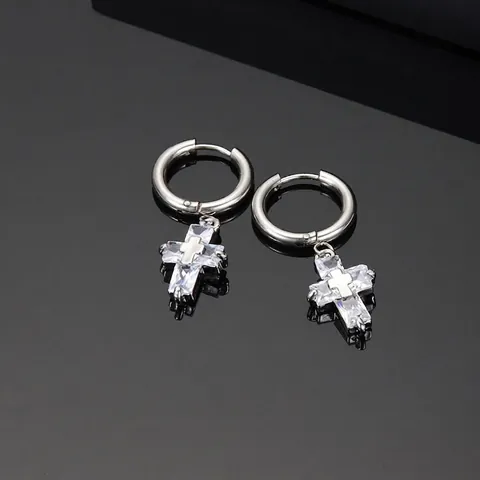 Stainless Steel Cross Hoop Earrings Unisex Punk Hip Hop Dangle Earrings Silver Color Rhinestone Inlaid Geometric Religious Ear Jewelry