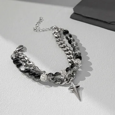 Bracciale con Ciondolo Stella in Acciaio al Titanio a Doppio Strato Catena Cubana Perline Effetto Ghiaccio Punk Gioielli Unisex