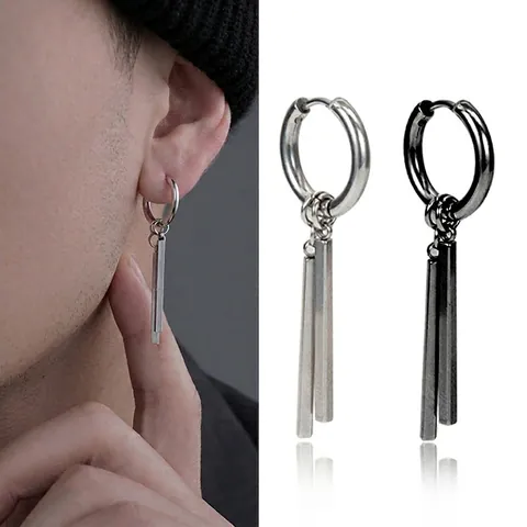 Minimalist Titanium Steel Double Stick Dangle Earrings For Men Women Geometric Rectangular Bar Hoop Earrings Clip-on Jewelry