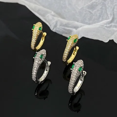 Luxury Copper Snake Head Hoop Earrings Micro Inlaid Rhinestone Green Eye Snake Shaped Fashion Jewelry For Women Men