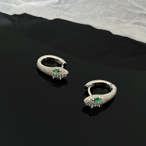 Luxury Copper Snake Head Hoop Earrings Micro Inlaid Rhinestone Green Eye Snake Shaped Fashion Jewelry For Women Men