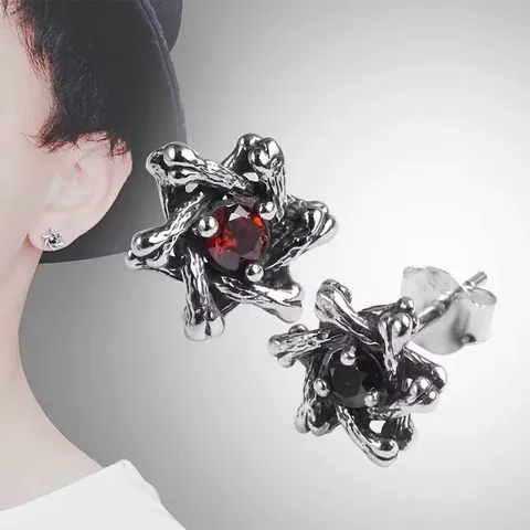 Hexagram Gothic Stud Earrings For Men Women Unisex Vintage Punk Style Copper Rhinestone Inlaid Stainless Steel Earring Post Jewelry