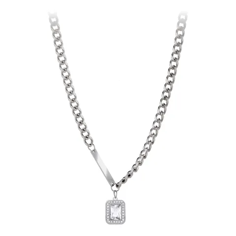 Collana in Acciaio al Titanio con Strass Minimalista per Uomo Donna Ciondolo Rettangolare Geometrico Catena Maglia Cubana