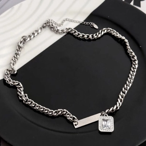 Collier Pendentif en Acier Titane Zirconia pour Homme Femme Unisexe Hip Hop Chaîne Gourmette Pierre Carrée Bijoux Argentés