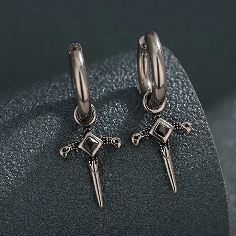 Punk Titanium Steel Cross Dagger Hoop Earrings For Men Women Black Zirconia Inlaid Vintage Silver Sword Drop Earrings Jewelry Gift